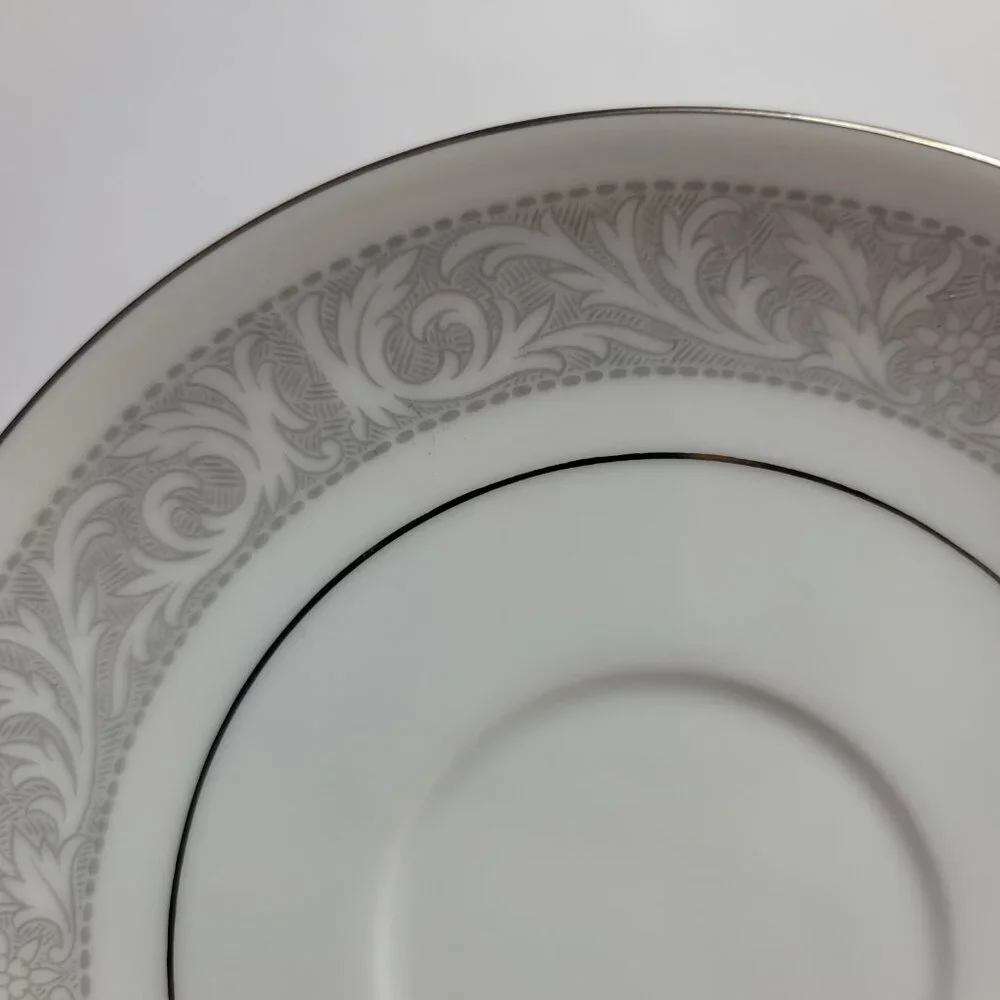 FOUR Imperial China Whitney Cup & Saucers White Gray Band Leaf Scrolls W. Dalton